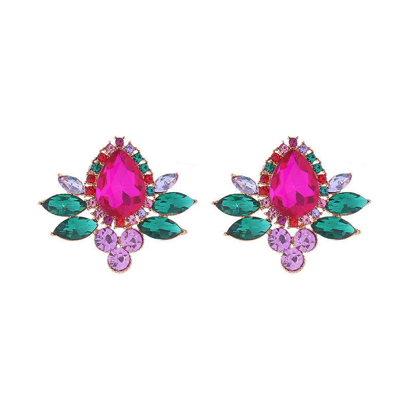 Earrings, French temperament, retro geometric glass and diamond earrings, delicate niche alloy and diamond light luxury earrings