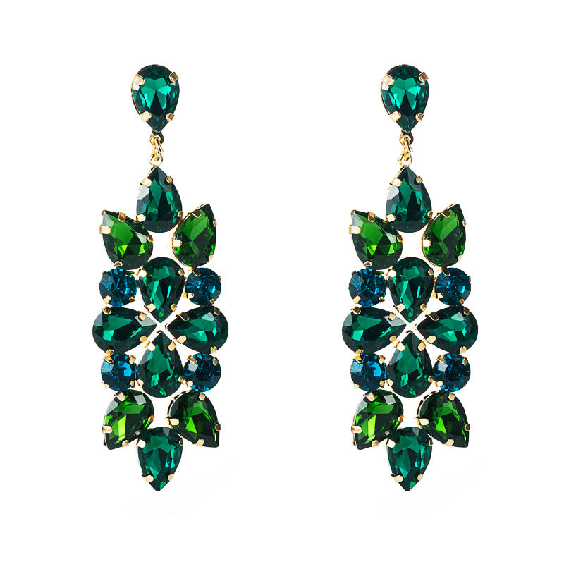 Retro temperament, full of diamonds, colored rhinestones, glass diamonds, flowers, midi drop earrings, creative personality, tassel drop earrings