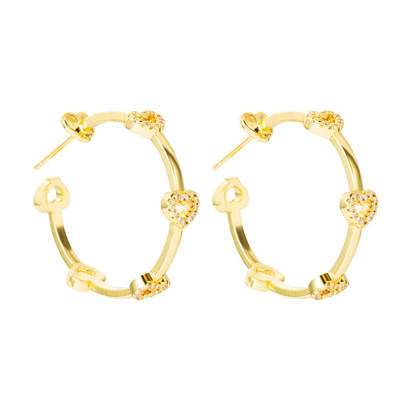 ins European and American personality trend gold heart butterfly C-shaped hoop earrings women's copper plated 18K gold with zircon stud earrings