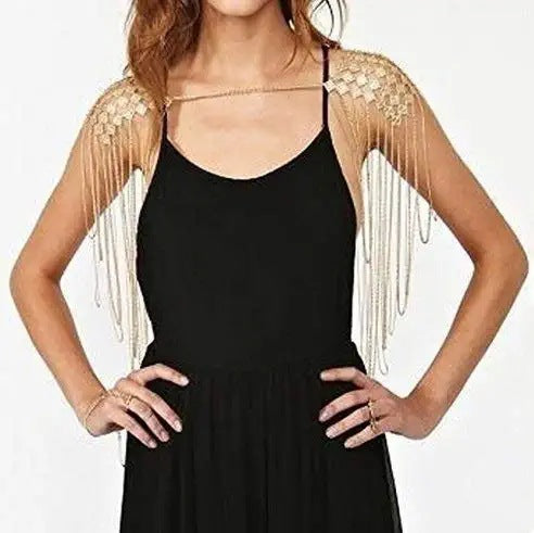 2024 summer new European and American cross-border personality exaggerated heavy metal iron sheet texture tassel shoulder chain body chain