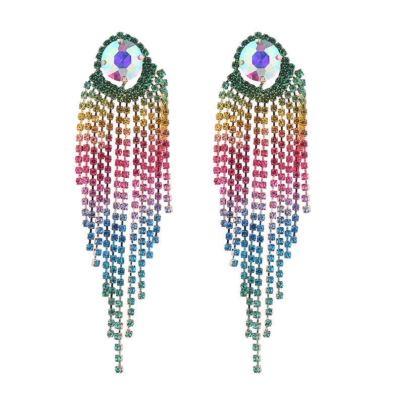 Korean version exaggerated light luxury style earrings long gradient color diamond tassel earrings female cold wind claw chain stud earrings wholesale