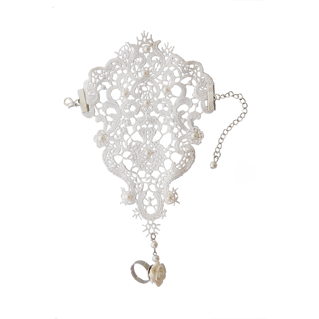 2024 bridal wedding accessories, white lace bracelet with ring, integrated chain, foreign trade export hand accessories wholesale