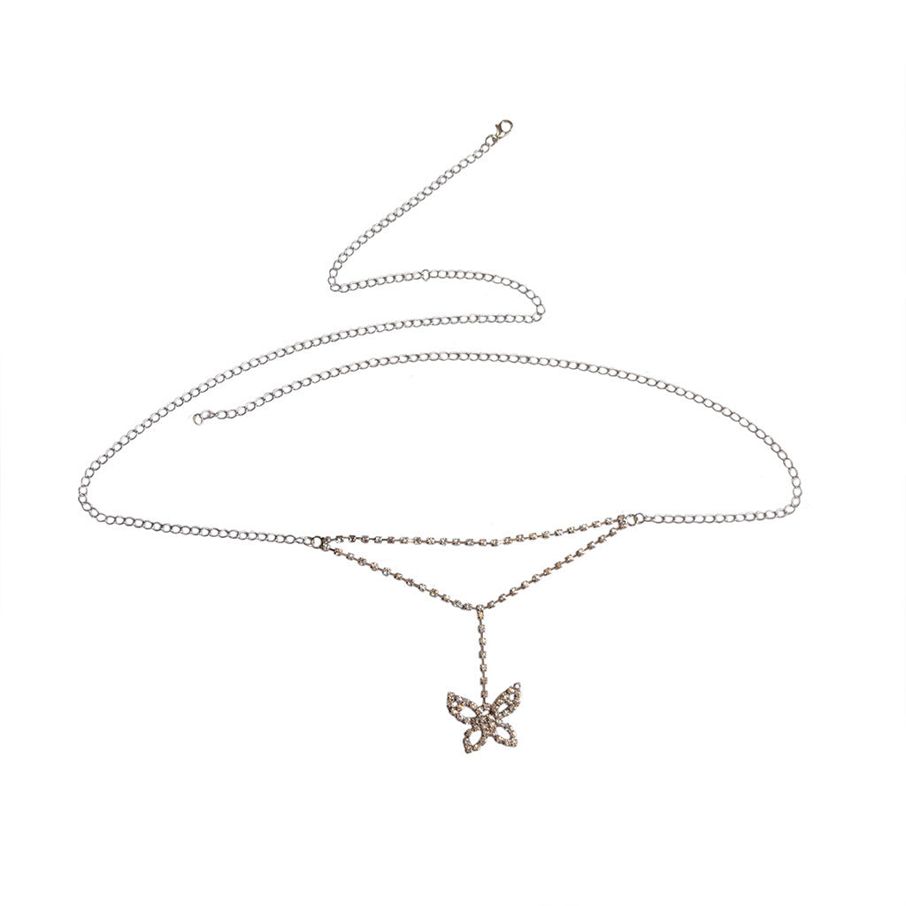 HOT European and American cross-border new accessories, fashion butterfly pendant, rhinestone waist chain, popular elements, simple body chain