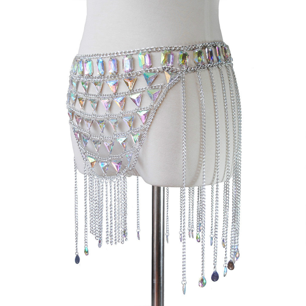 Cross-border supply: 2023 summer new AliExpress hot style spliced acrylic glow gemstone skirt waist chain