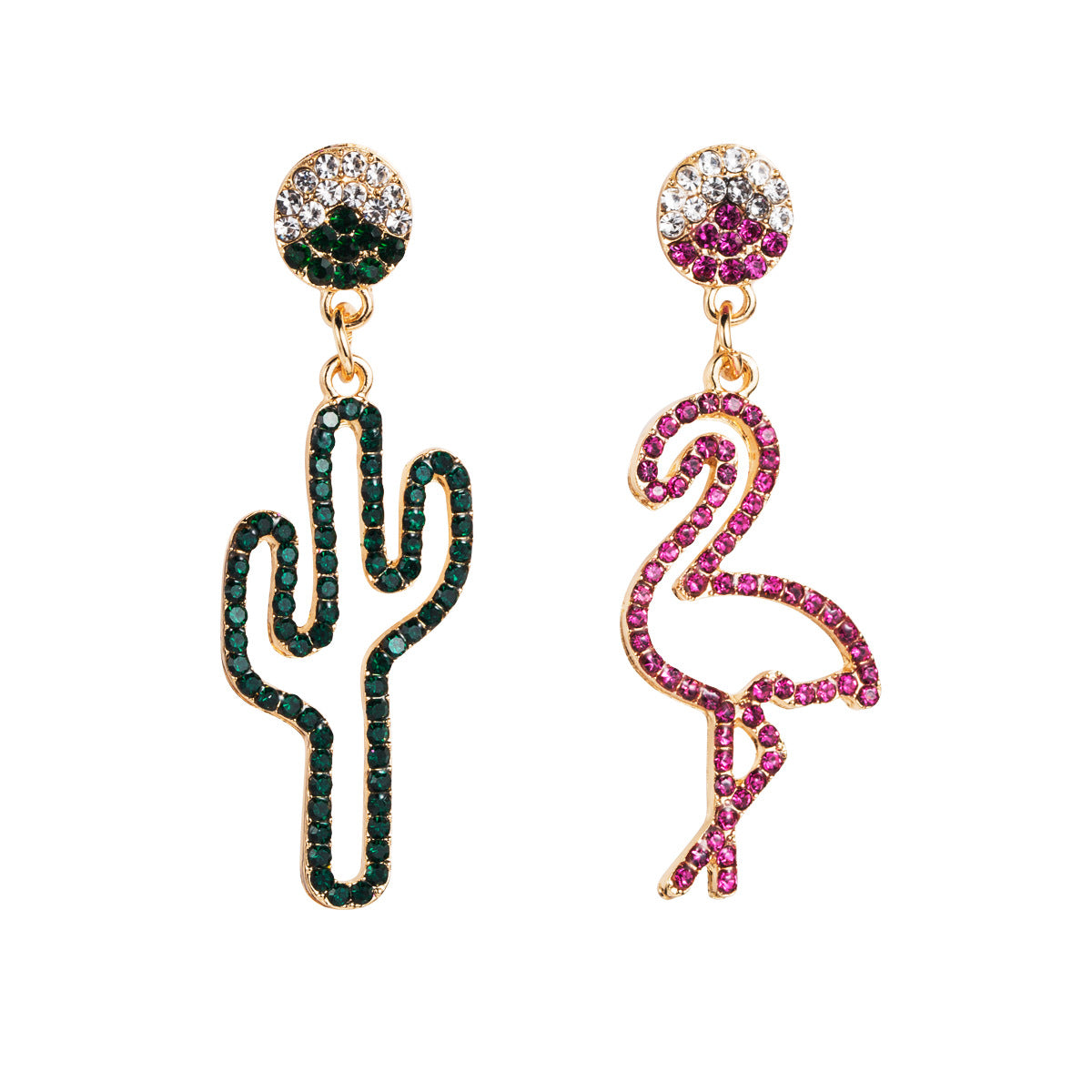 Creative earrings women's European and American style asymmetrical colored diamonds cactus flamingo earrings alloy color fashion earrings