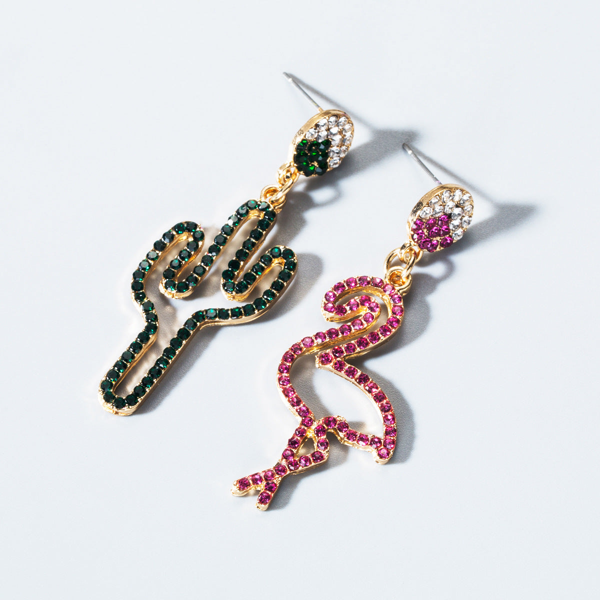 Creative earrings women's European and American style asymmetrical colored diamonds cactus flamingo earrings alloy color fashion earrings