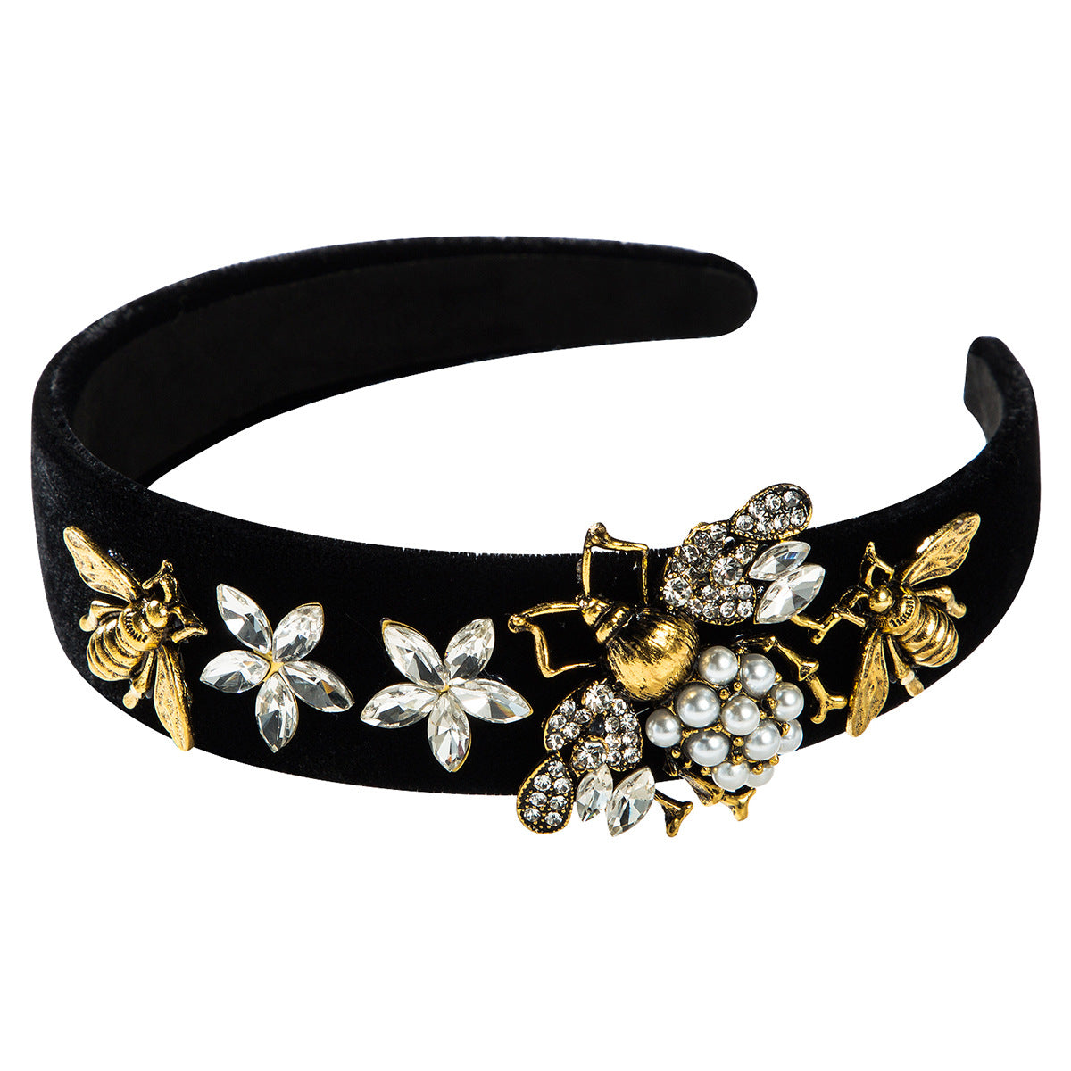 Cross-border, European and American retro court style, baroque rhinestone headband, bee wide-brimmed gold velvet headband, pearl headband