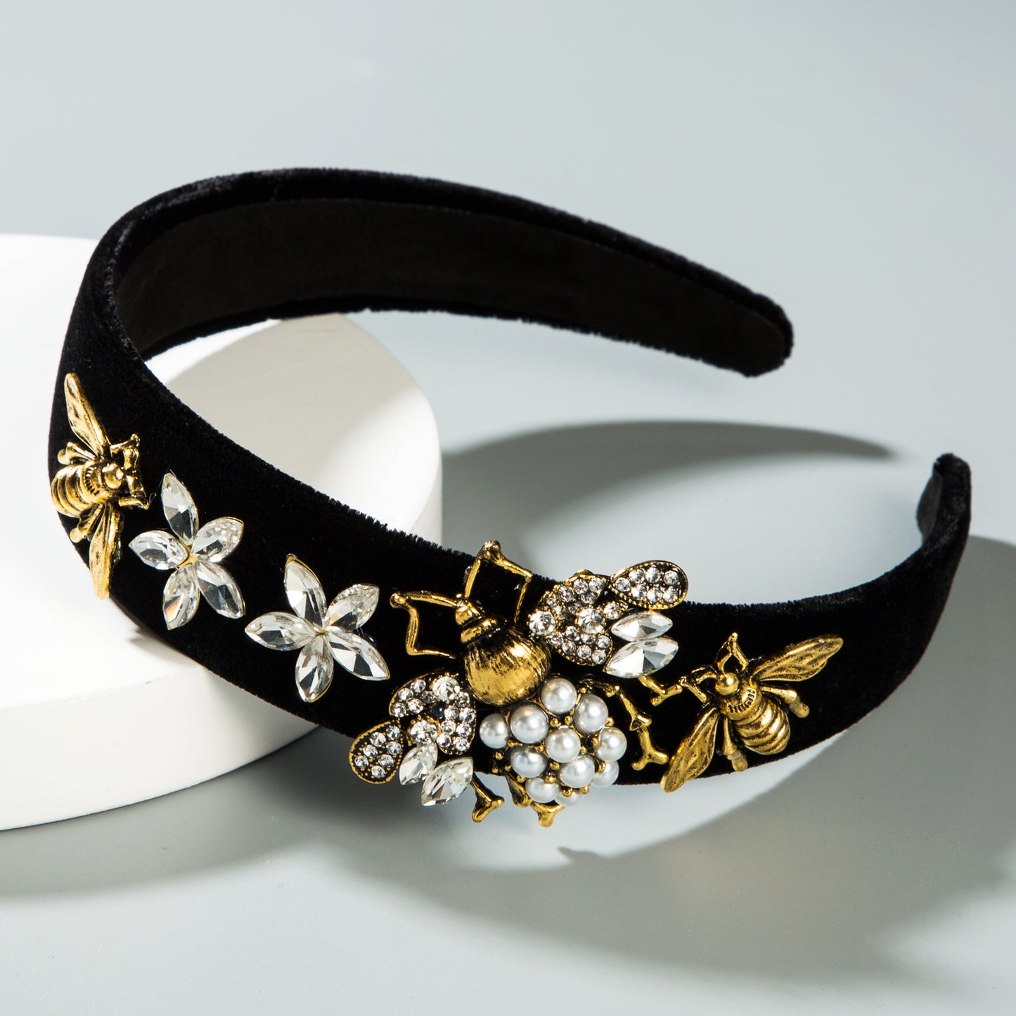 Cross-border, European and American retro court style, baroque rhinestone headband, bee wide-brimmed gold velvet headband, pearl headband