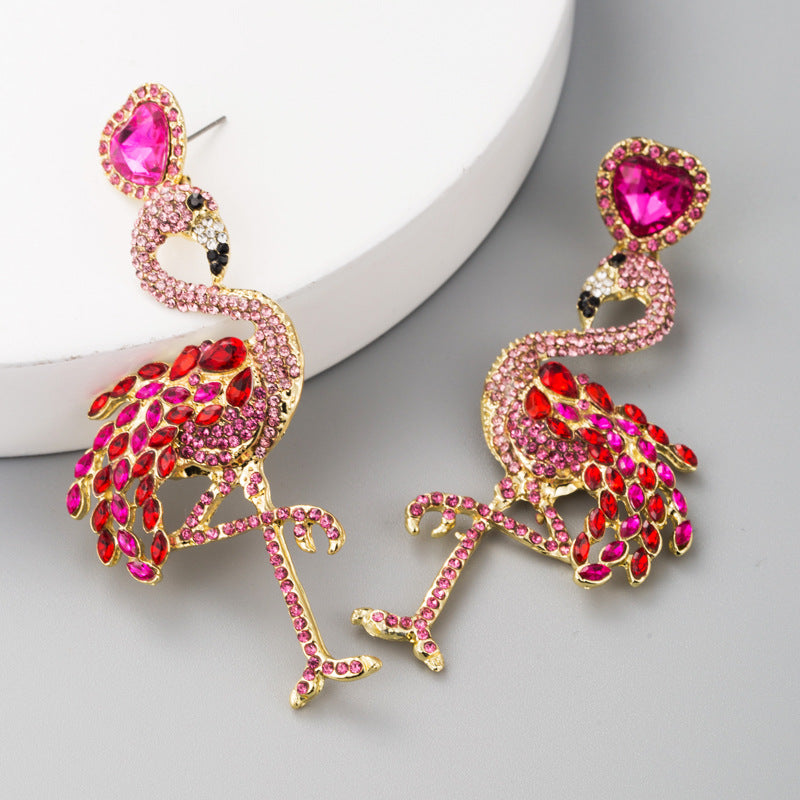 Cross-border personality creative flamingo earrings women's long women's stud earrings with rhinestones vintage exaggerated alloy earrings