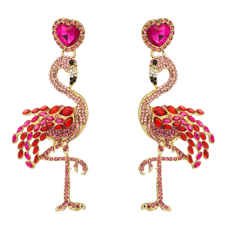 Cross-border personality creative flamingo earrings women's long women's stud earrings with rhinestones vintage exaggerated alloy earrings