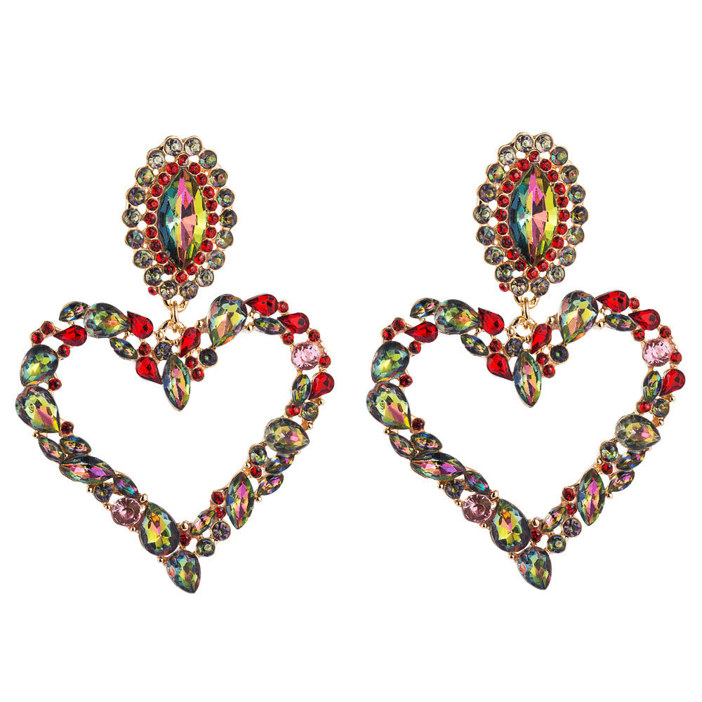 European and American popular heart-shaped alloy set with colored diamonds, retro temperament, exaggerated earrings, women's Korean version of the hipster, super flashy full of diamond earrings