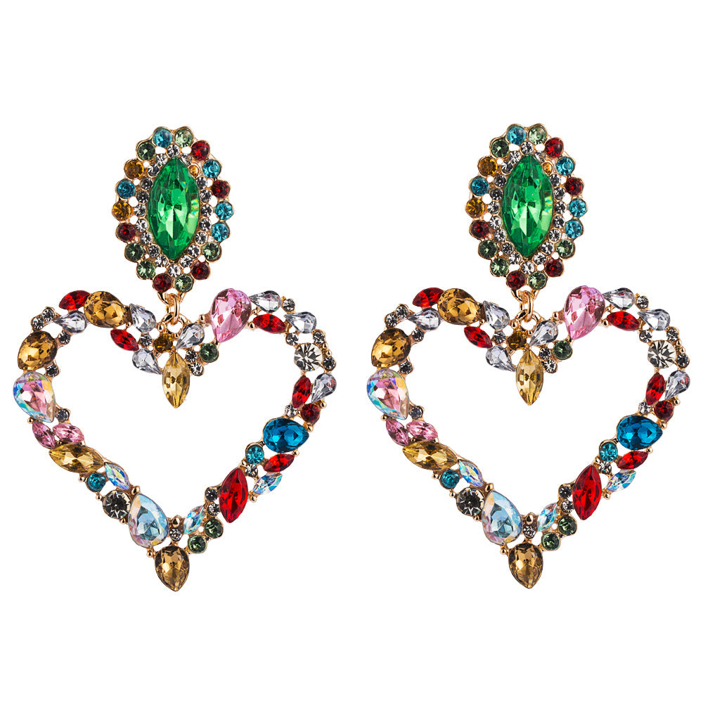 European and American popular heart-shaped alloy set with colored diamonds, retro temperament, exaggerated earrings, women's Korean version of the hipster, super flashy full of diamond earrings