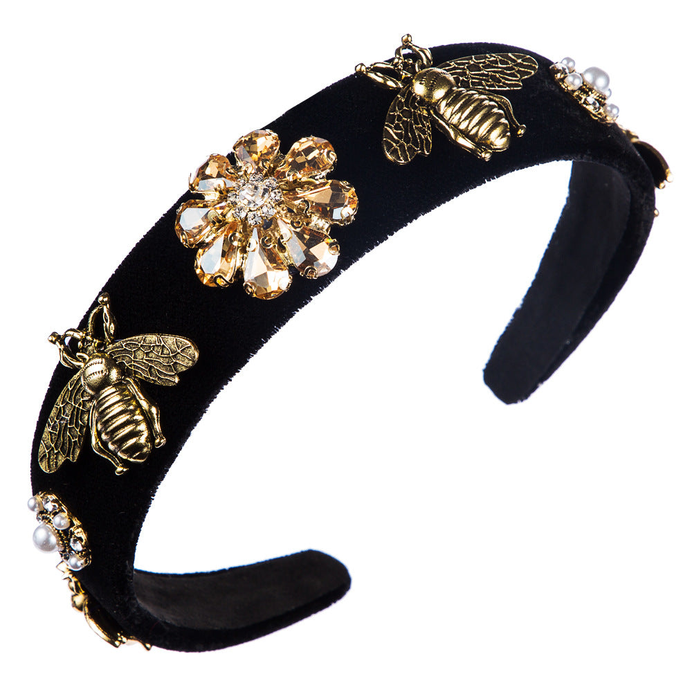 European and American headbands, women's fashion, retro palace style, baroque style headband, bee wide-brimmed gold velvet head buckle hairpin