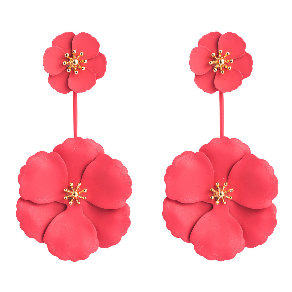 Japanese and Korean version of fashion, sweet and exaggerated inlaid dual-purpose earrings, European and American bohemian style alloy flower long earrings