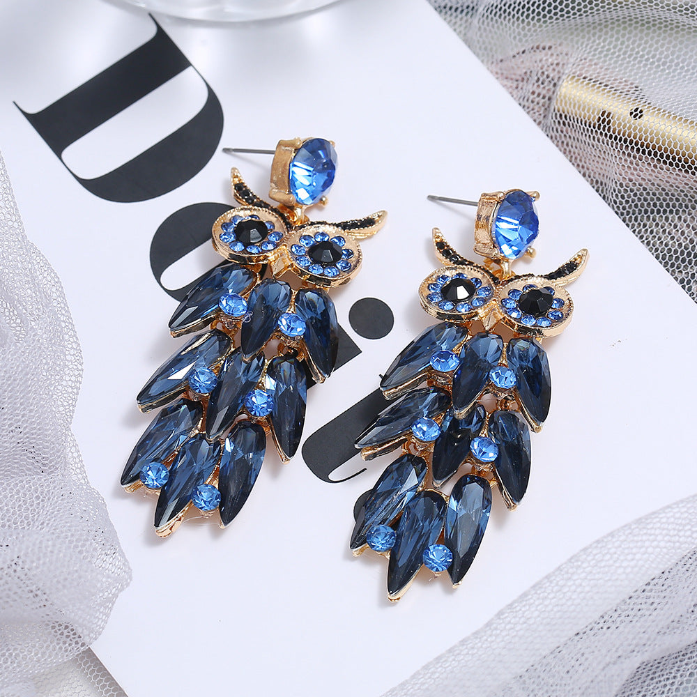 European and American style exaggerated glass rhinestone owl long earrings, retro fashion exaggerated earrings, cross-border source earrings