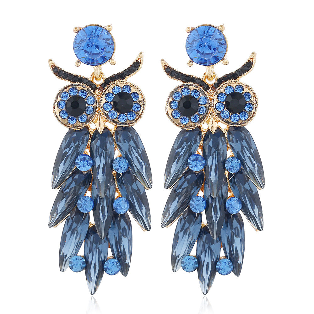 European and American style exaggerated glass rhinestone owl long earrings, retro fashion exaggerated earrings, cross-border source earrings