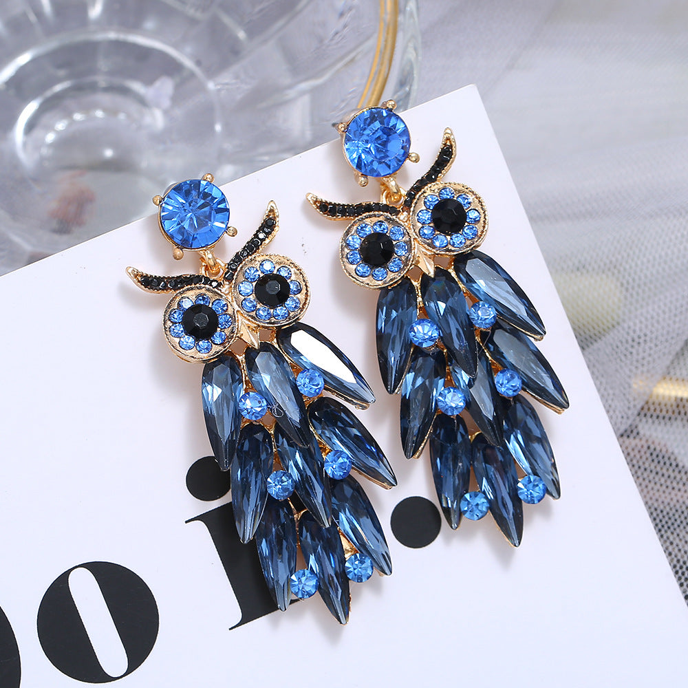 European and American style exaggerated glass rhinestone owl long earrings, retro fashion exaggerated earrings, cross-border source earrings