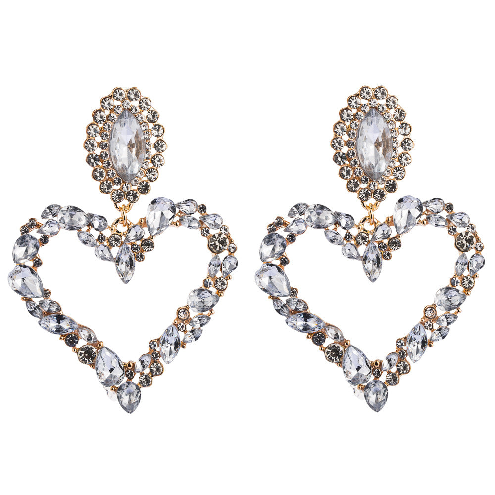 European and American popular heart-shaped alloy set with colored diamonds, retro temperament, exaggerated earrings, women's Korean version of the hipster, super flashy full of diamond earrings