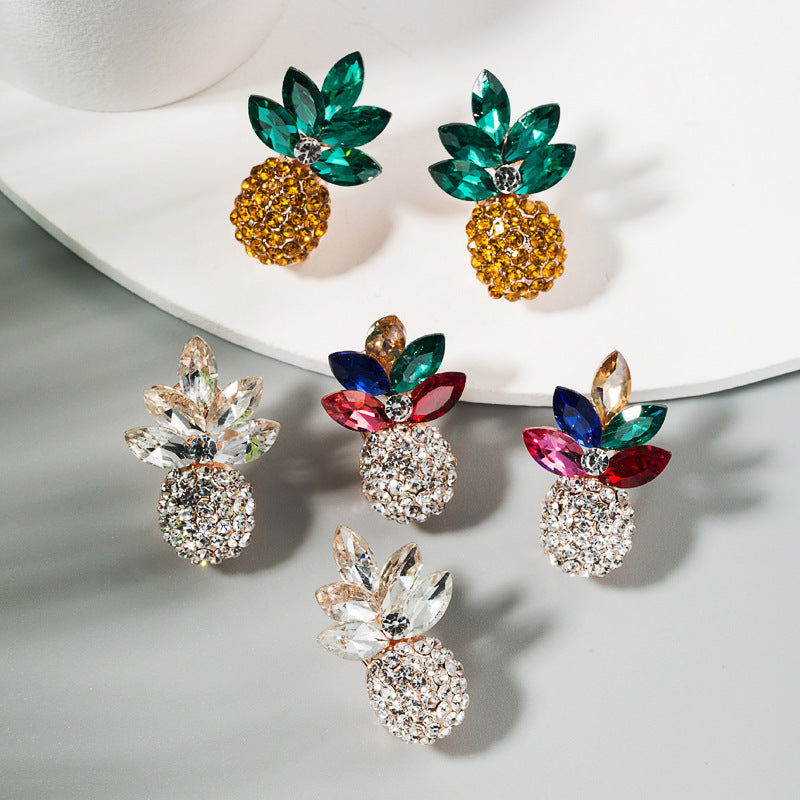 Korean version of hipster summer fresh and versatile stud earrings women's earrings alloy set with colored rhinestone pineapple earrings