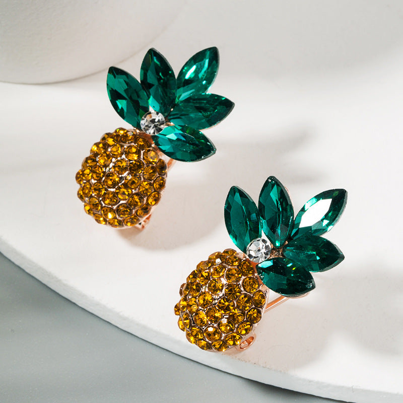 Korean version of hipster summer fresh and versatile stud earrings women's earrings alloy set with colored rhinestone pineapple earrings