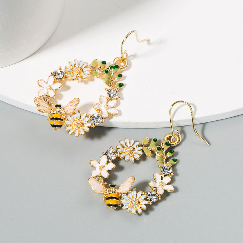 European and American cross-border creative flower drip oil alloy earrings female S925 silver needle set with diamonds colorful butterfly bee ear ornaments