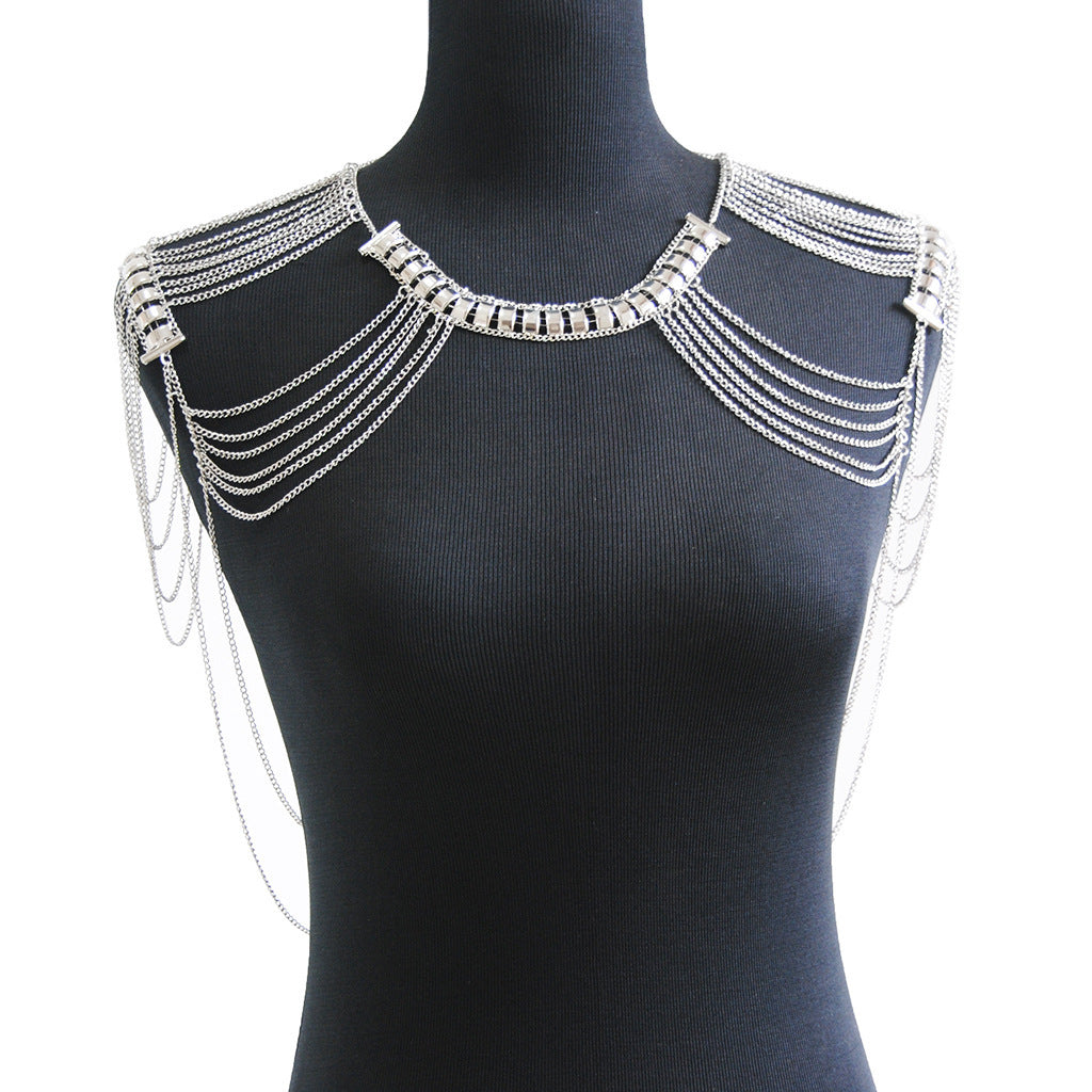 2024 European and American cross-border new products welded heavy metal texture tassel shoulder chain women's double shoulder chain body chain HOT