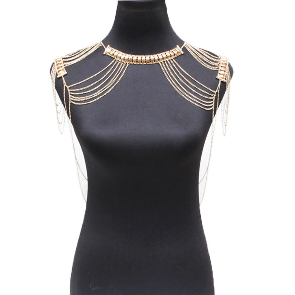 2024 European and American cross-border new products welded heavy metal texture tassel shoulder chain women's double shoulder chain body chain HOT