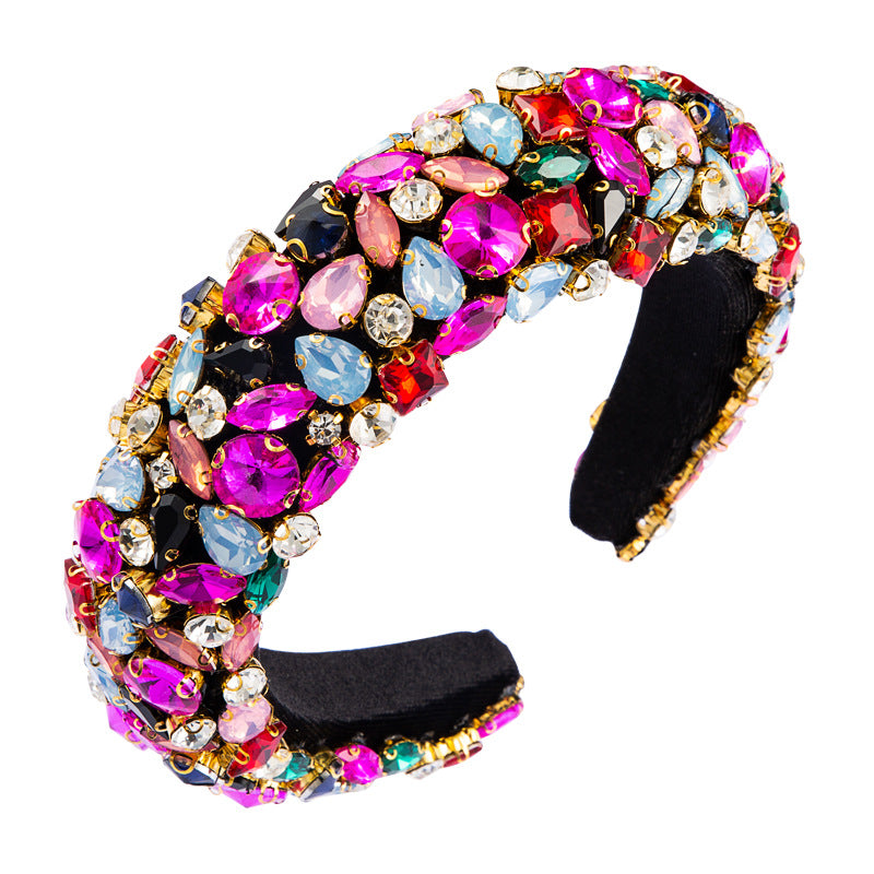 New European and American Baroque rhinestone headbands for women geometric wide-brimmed full diamond color thickened sponge party catwalk headdress