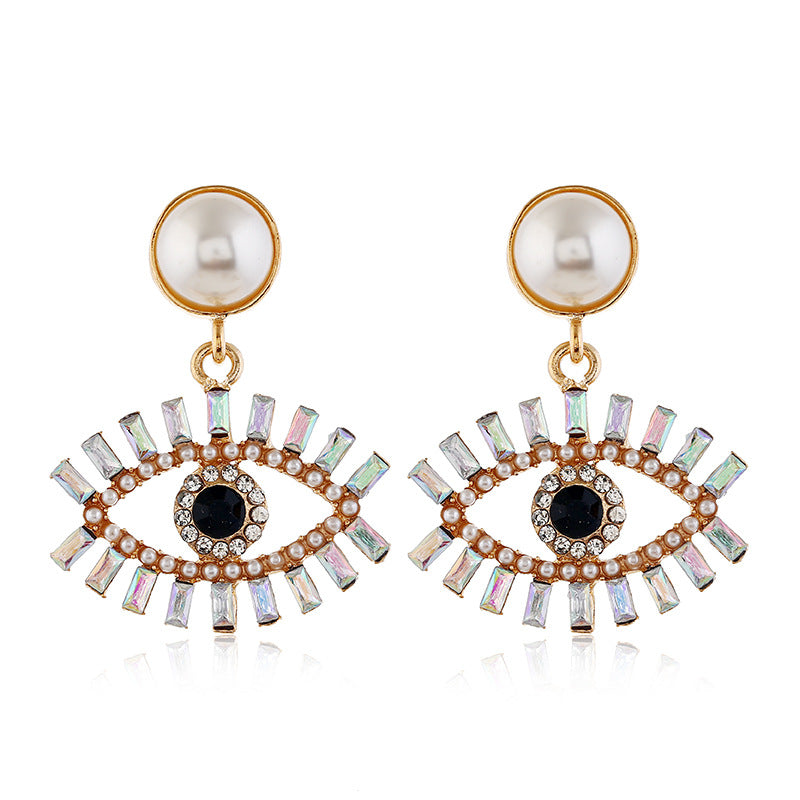 European and American fashion exaggerated devil's eye, pearl alloy earrings, women's colored diamonds, super flash, personality Internet celebrity earrings, earrings