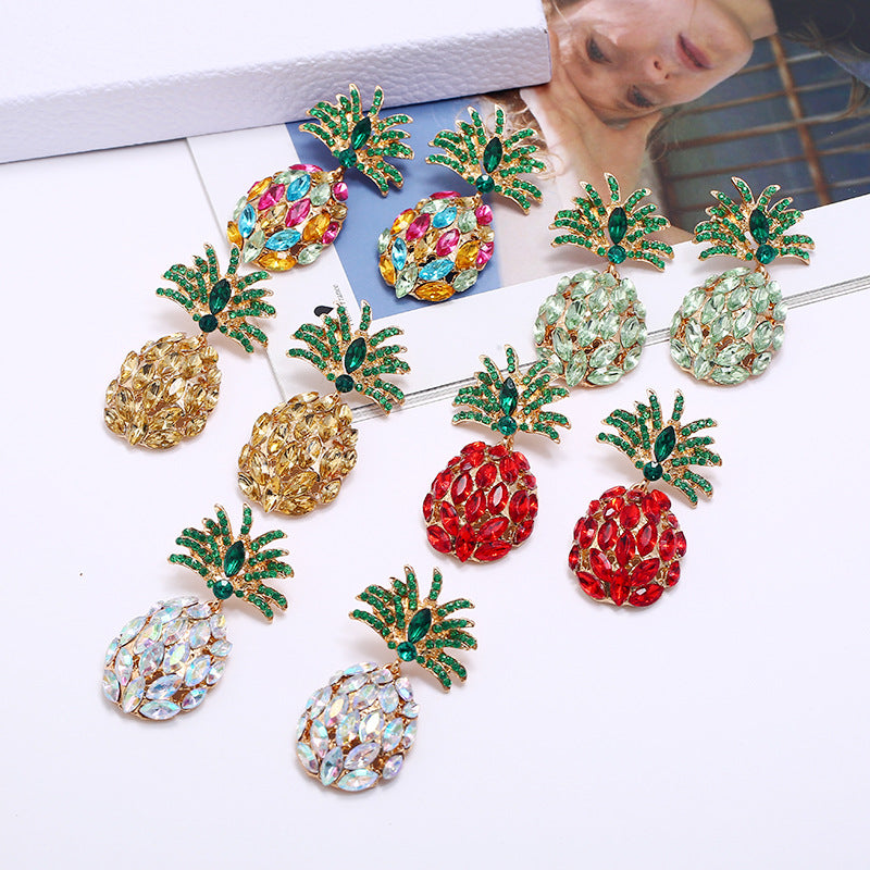 European and American personality fashion, light luxury, creative fruit pineapple earrings, women's inlaid with colored diamonds, full of diamonds, exquisite earrings, factory direct sales