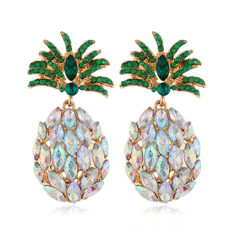 European and American personality fashion, light luxury, creative fruit pineapple earrings, women's inlaid with colored diamonds, full of diamonds, exquisite earrings, factory direct sales