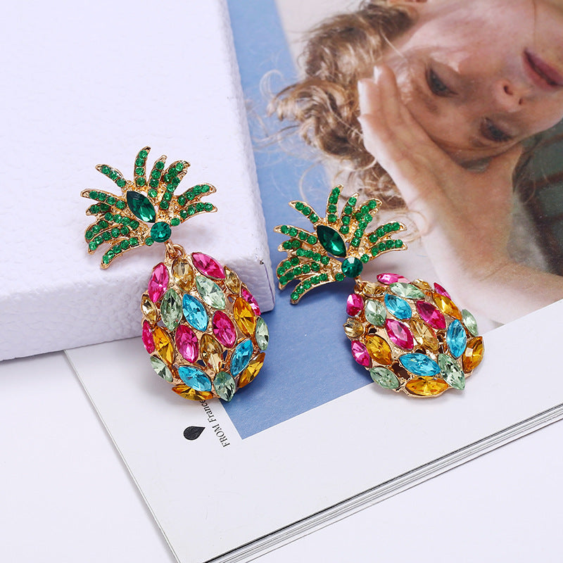 European and American personality fashion, light luxury, creative fruit pineapple earrings, women's inlaid with colored diamonds, full of diamonds, exquisite earrings, factory direct sales