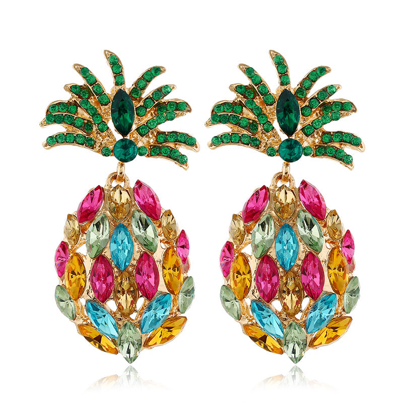 European and American personality fashion, light luxury, creative fruit pineapple earrings, women's inlaid with colored diamonds, full of diamonds, exquisite earrings, factory direct sales