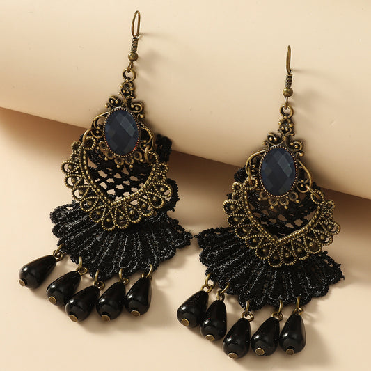 New European and American Stud Ladies Noble Earrings Antique Black Tassel Lace Earrings Foreign Trade Jewelry Spot Wholesale