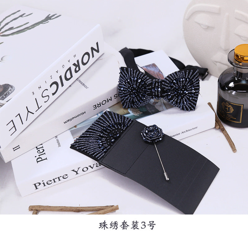 Men's Bow Tie Crystal Embroidery Bead Tube Bow Tie Wedding Banquet Clay Crystal Bow Tie Set Multicolor