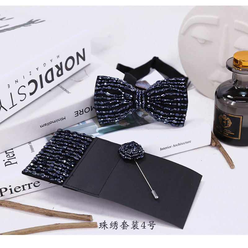 Men's Bow Tie Crystal Embroidery Bead Tube Bow Tie Wedding Banquet Clay Crystal Bow Tie Set Multicolor