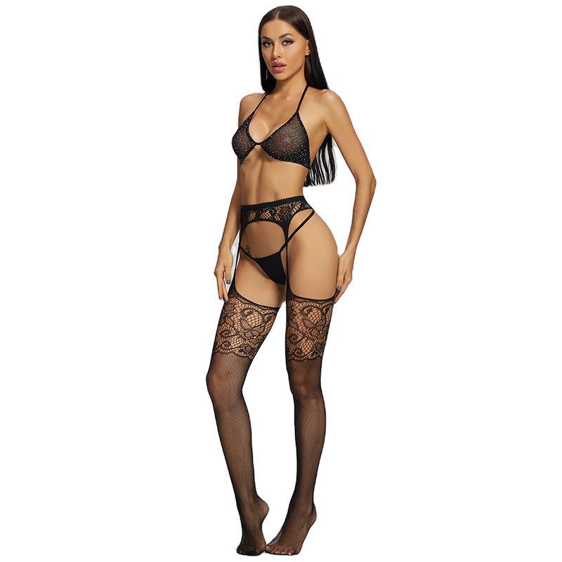 European and American popular one, Daifa Yue Butterfly Erotic See-through Hollow Temptation Fishnet Socks Hot Diamond Bra Set 6059