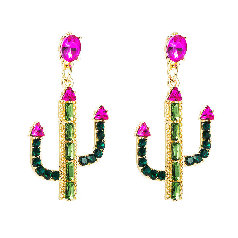 European and American cross-border personality cactus shape earrings women's alloy inlay rhinestone S925 silver needle hypoallergenic long earrings