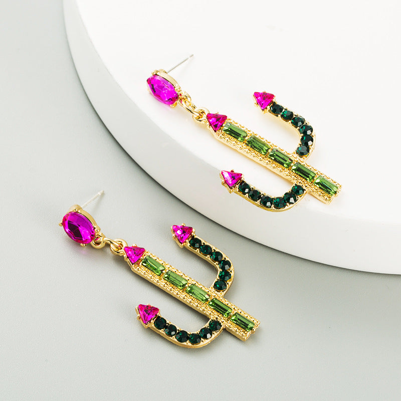 European and American cross-border personality cactus shape earrings women's alloy inlay rhinestone S925 silver needle hypoallergenic long earrings