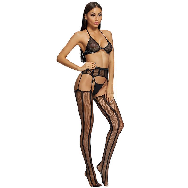 European and American popular one, Daifa Yue Butterfly Erotic See-through Hollow Temptation Fishnet Socks Hot Diamond Bra Set 6057