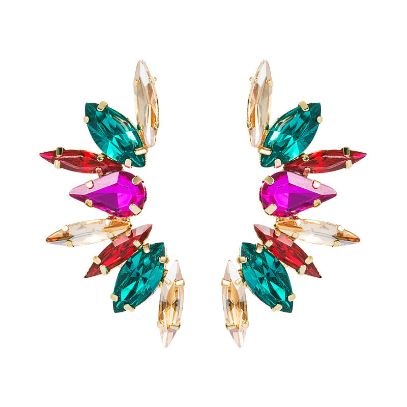 European and American fashion color rhinestone half flower earrings female alloy inlaid with diamonds S925 silver needle net red ear jewelry wholesale