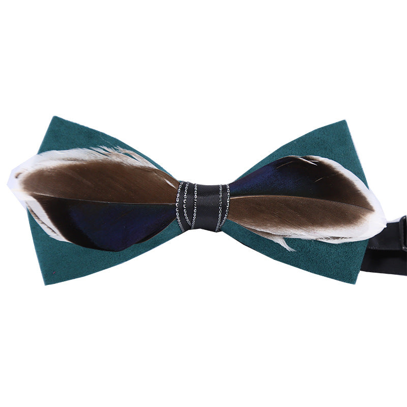 feather bow tie men's dark blue wedding fashion british korean version groomsmen bow brooch collar flower pin