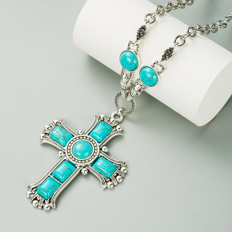 European and American retro exaggerated personality cross-shaped necklace women's multi-layer alloy inlaid turquoise sweater chain pendant jewelry