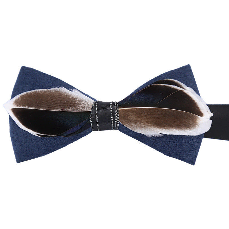 feather bow tie men's dark blue wedding fashion british korean version groomsmen bow brooch collar flower pin