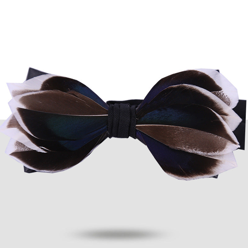 feather bow tie men's dark blue wedding fashion british korean version groomsmen bow brooch collar flower pin