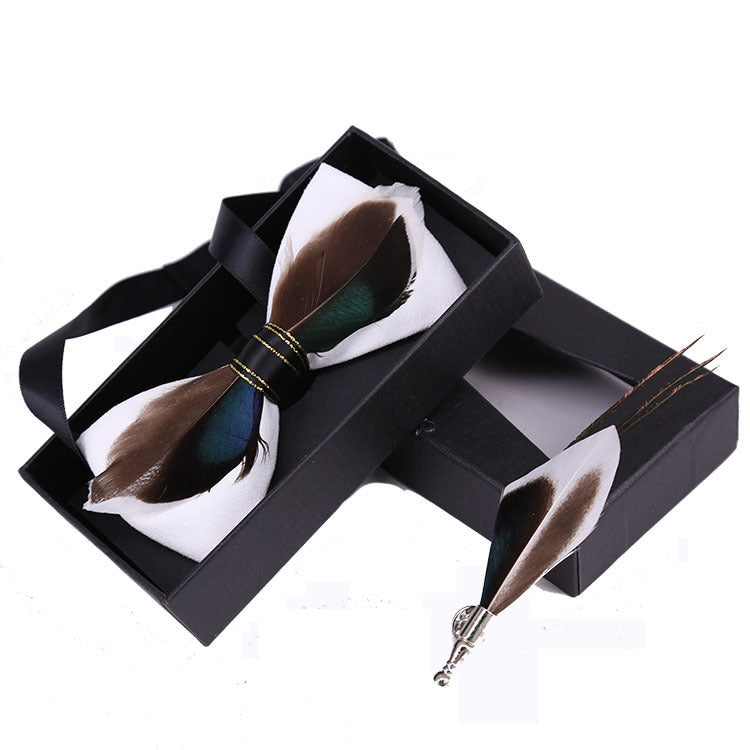 feather bow tie men's dark blue wedding fashion british korean version groomsmen bow brooch collar flower pin