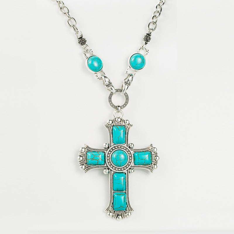 European and American retro exaggerated personality cross-shaped necklace women's multi-layer alloy inlaid turquoise sweater chain pendant jewelry