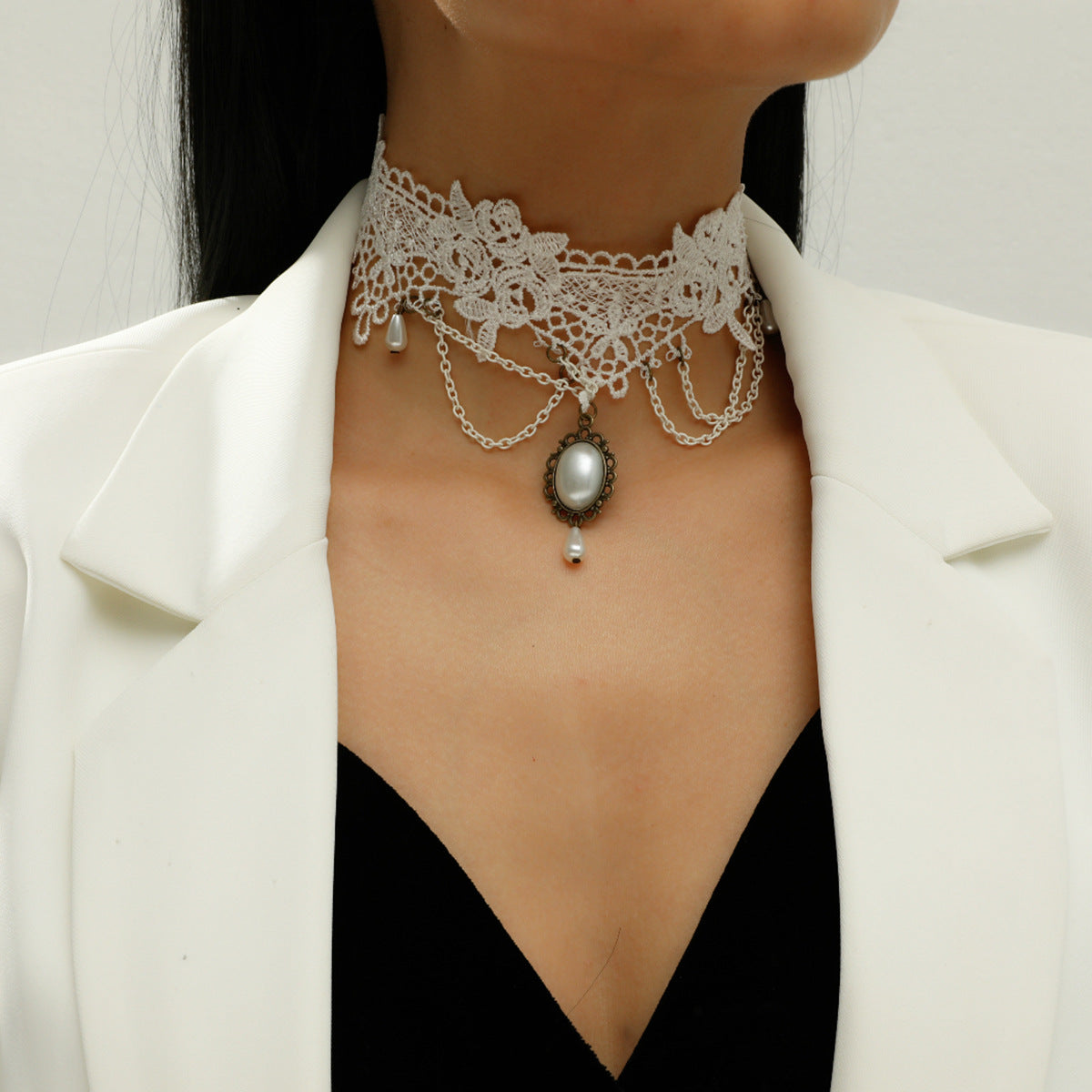 Korean fashion bridal lace pearl necklace hanging white handmade net gathering characteristic lace necklace new New