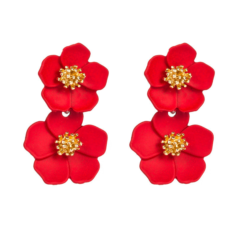 Korean fashion small fresh sweet temperament multi-layer flower earrings women's alloy lacquer simple popular silver needle earrings