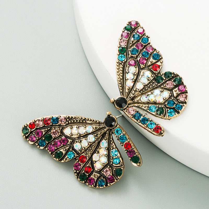 European and American style personalized design butterfly wings colored diamond series earrings alloy diamond set cute girl heart stud earrings